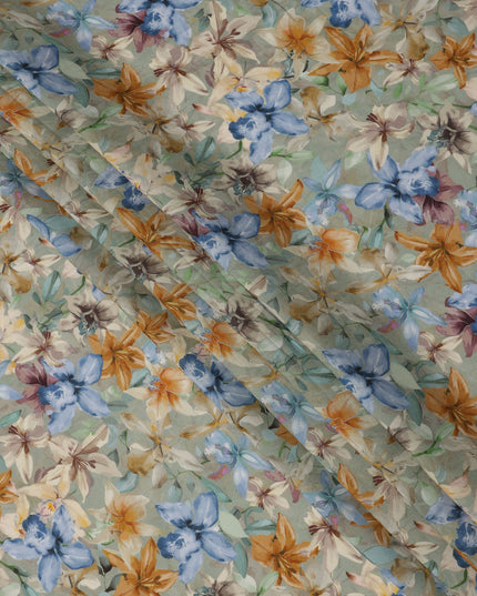 Sage Green Base Multicolor Tropical Bloom Floral Printed Viscose Crepe Fabric, 110 Cms Width, Made in India-D23979