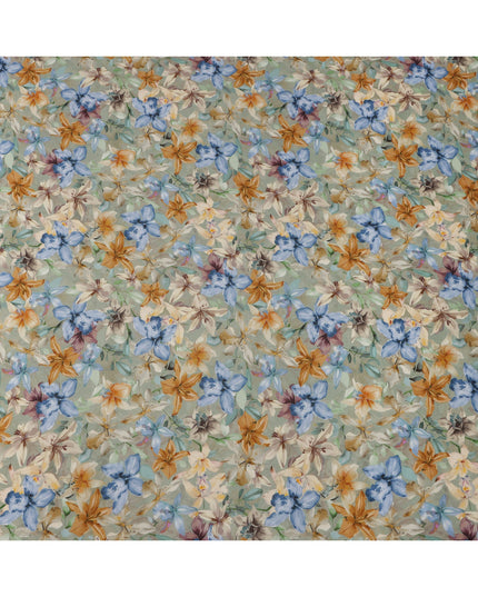 Sage Green Base Multicolor Tropical Bloom Floral Printed Viscose Crepe Fabric, 110 Cms Width, Made in India-D23979