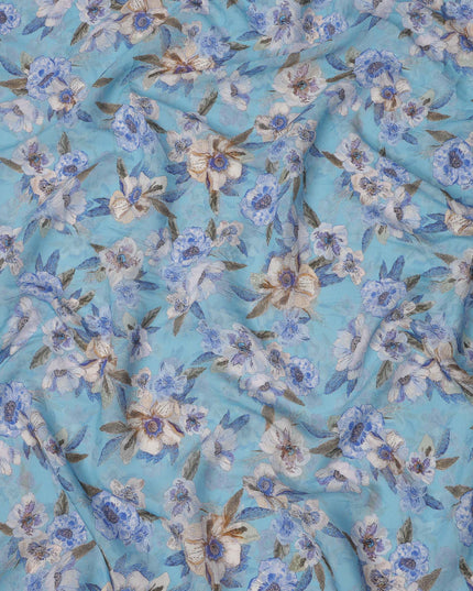 Sky Blue Base Indigo and Beige Floral Printed Viscose Crepe Fabric, 110 Cms Width, Made in India-D23980