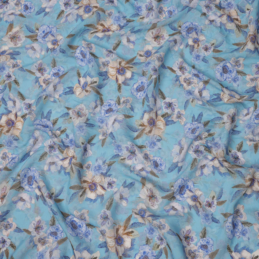 Sky Blue Base Indigo and Beige Floral Printed Viscose Crepe Fabric, 110 Cms Width, Made in India-D23980
