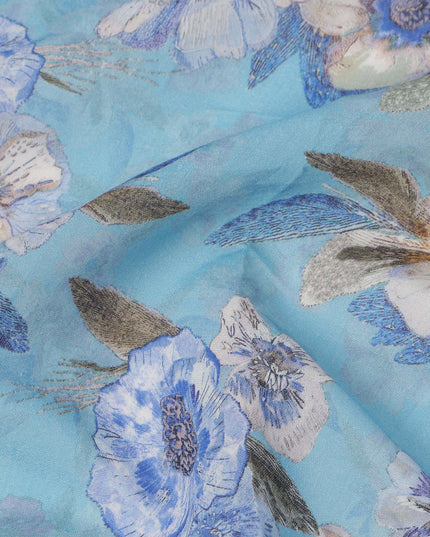 Sky Blue Base Indigo and Beige Floral Printed Viscose Crepe Fabric, 110 Cms Width, Made in India-D23980