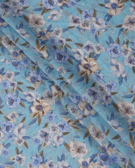 Sky Blue Base Indigo and Beige Floral Printed Viscose Crepe Fabric, 110 Cms Width, Made in India-D23980
