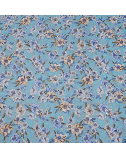 Sky Blue Base Indigo and Beige Floral Printed Viscose Crepe Fabric, 110 Cms Width, Made in India-D23980