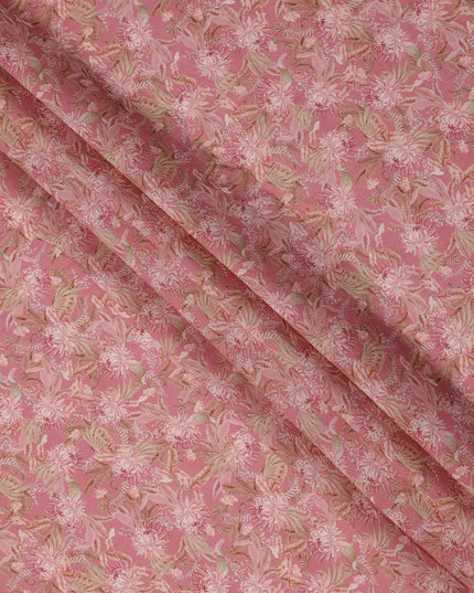 قماش كريب فيسكوز بطبعة زهور استوائية، قاعدة وردية وردية، لون بيج وزيتوني فاتح، عرض 110 سم، صنع في الهند - D23981