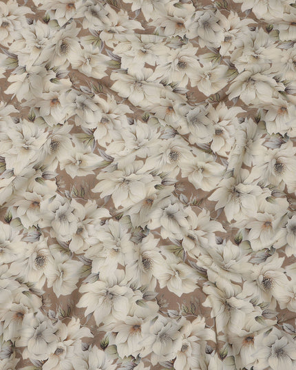 Taupe Brown Base Ivory Magnolia Floral Printed Viscose Crepe Fabric, 110 Cms Width, Made in India-D23982