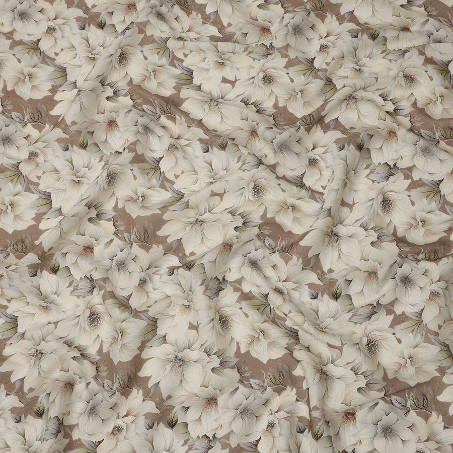 Taupe Brown Base Ivory Magnolia Floral Printed Viscose Crepe Fabric, 110 Cms Width, Made in India-D23982