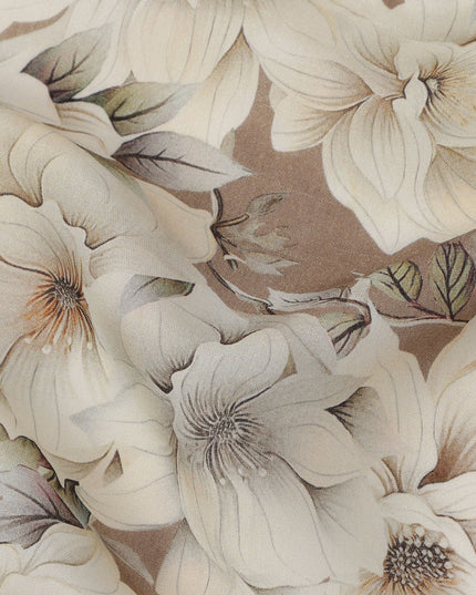 Taupe Brown Base Ivory Magnolia Floral Printed Viscose Crepe Fabric, 110 Cms Width, Made in India-D23982