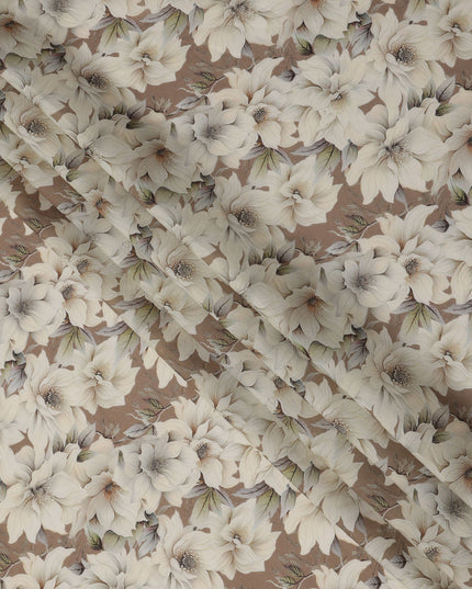 Taupe Brown Base Ivory Magnolia Floral Printed Viscose Crepe Fabric, 110 Cms Width, Made in India-D23982
