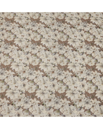 Taupe Brown Base Ivory Magnolia Floral Printed Viscose Crepe Fabric, 110 Cms Width, Made in India-D23982