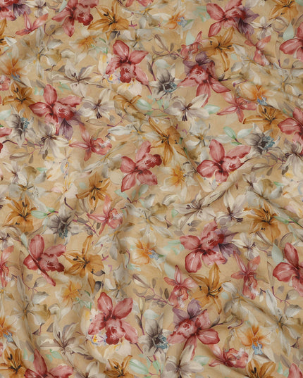Beige Base Multicolor Wild Orchid Floral Printed Viscose Crepe Fabric, 110 Cms Width, Made in India-D23983