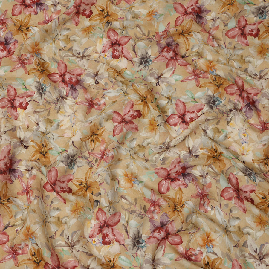 Beige Base Multicolor Wild Orchid Floral Printed Viscose Crepe Fabric, 110 Cms Width, Made in India-D23983