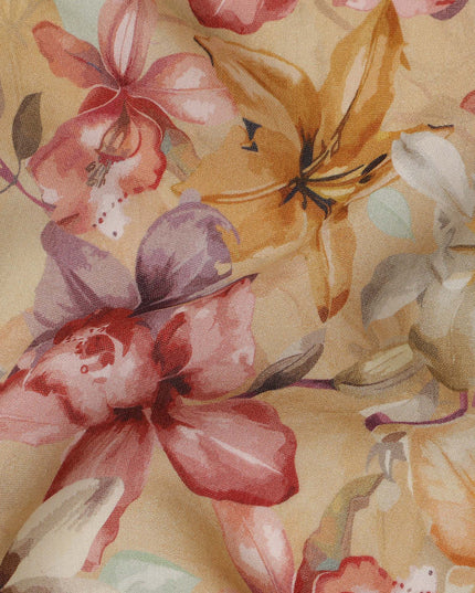 Beige Base Multicolor Wild Orchid Floral Printed Viscose Crepe Fabric, 110 Cms Width, Made in India-D23983