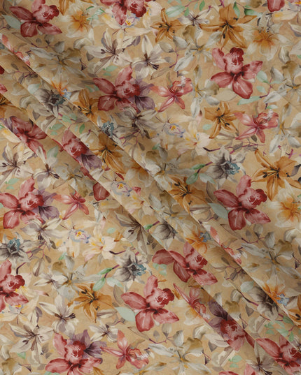 Beige Base Multicolor Wild Orchid Floral Printed Viscose Crepe Fabric, 110 Cms Width, Made in India-D23983