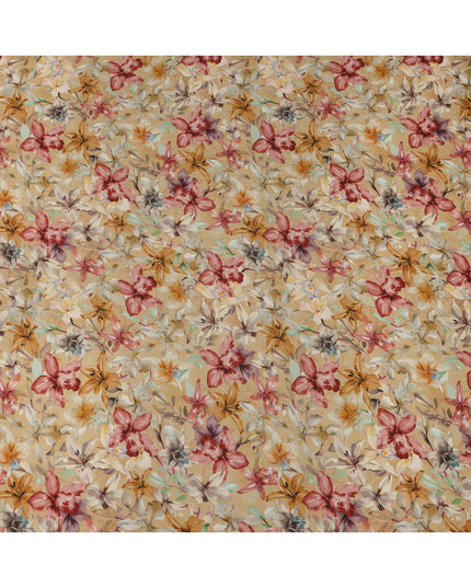Beige Base Multicolor Wild Orchid Floral Printed Viscose Crepe Fabric, 110 Cms Width, Made in India-D23983