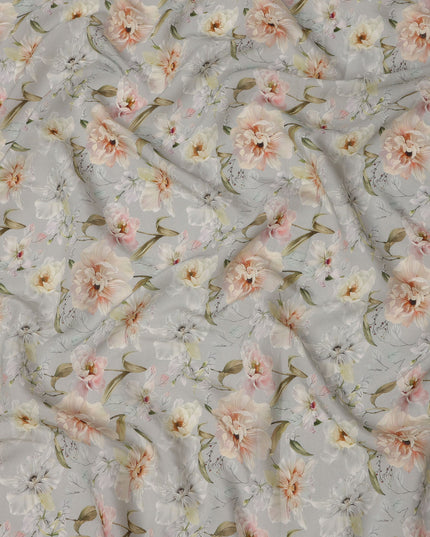 Soft Grey Base Peach and Ivory Floral Printed Viscose Crepe Fabric, 110 Cms Width, Made in India-D23985