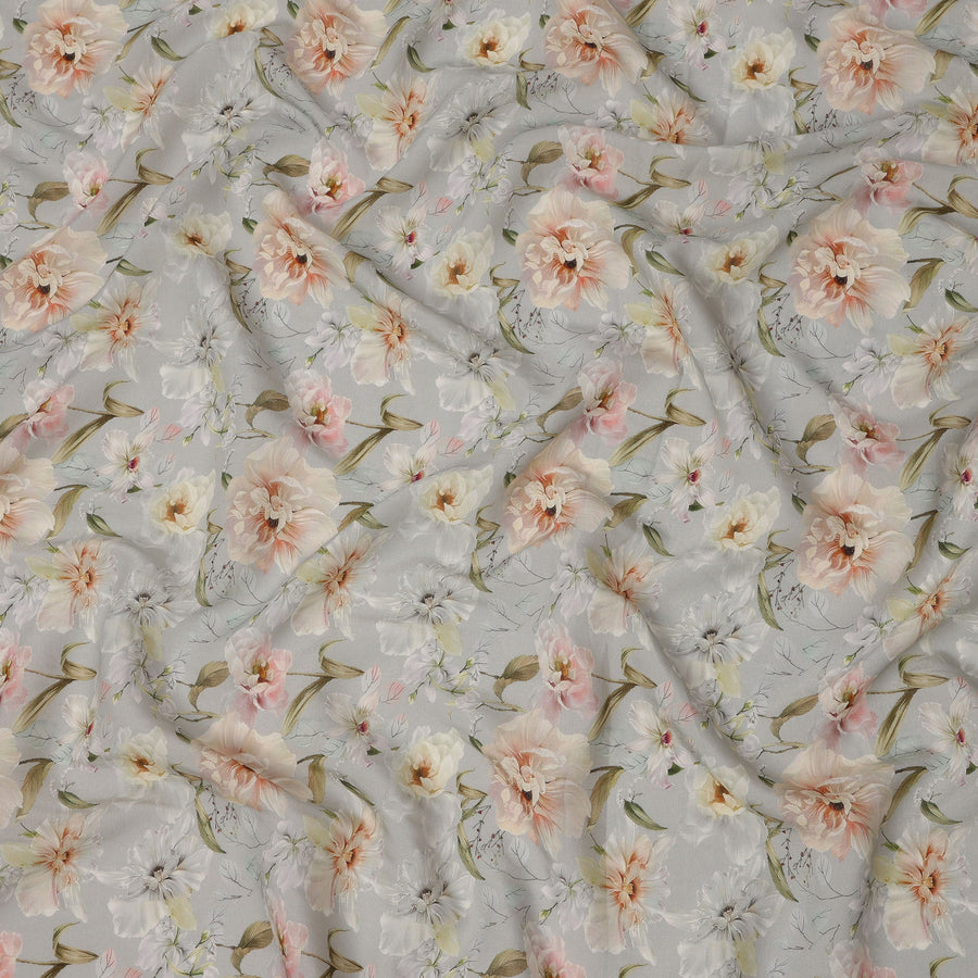 Soft Grey Base Peach and Ivory Floral Printed Viscose Crepe Fabric, 110 Cms Width, Made in India-D23985