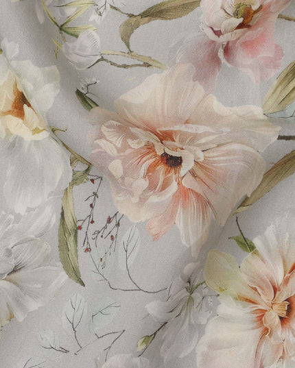 Soft Grey Base Peach and Ivory Floral Printed Viscose Crepe Fabric, 110 Cms Width, Made in India-D23985
