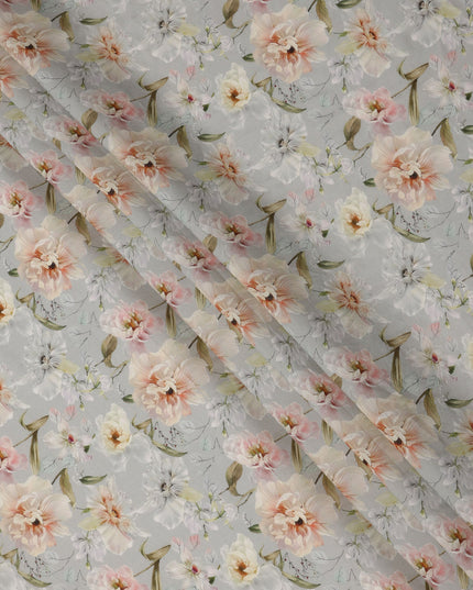 Soft Grey Base Peach and Ivory Floral Printed Viscose Crepe Fabric, 110 Cms Width, Made in India-D23985