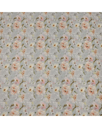 Soft Grey Base Peach and Ivory Floral Printed Viscose Crepe Fabric, 110 Cms Width, Made in India-D23985