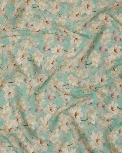 Aqua Green Base Ivory Magnolia Floral Printed Viscose Crepe Fabric, 110 Cms Width, Made in India-D23986