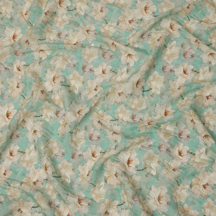 Aqua Green Base Ivory Magnolia Floral Printed Viscose Crepe Fabric, 110 Cms Width, Made in India-D23986