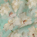 Aqua Green Base Ivory Magnolia Floral Printed Viscose Crepe Fabric, 110 Cms Width, Made in India-D23986