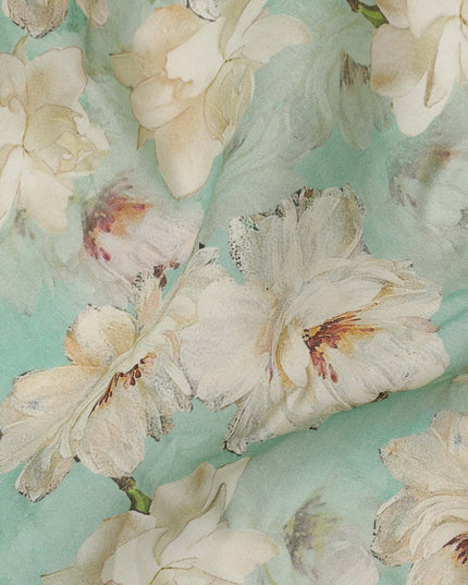 Aqua Green Base Ivory Magnolia Floral Printed Viscose Crepe Fabric, 110 Cms Width, Made in India-D23986