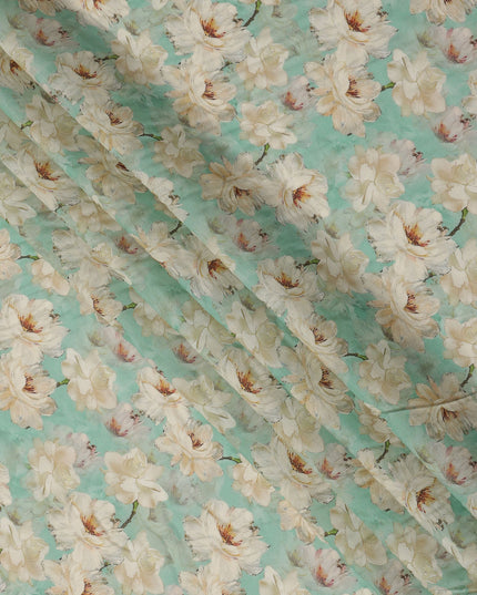 Aqua Green Base Ivory Magnolia Floral Printed Viscose Crepe Fabric, 110 Cms Width, Made in India-D23986