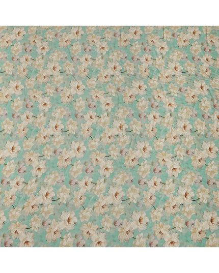 Aqua Green Base Ivory Magnolia Floral Printed Viscose Crepe Fabric, 110 Cms Width, Made in India-D23986