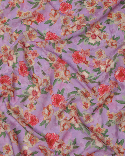 Lavender Base Red and Ivory Floral Printed Viscose Crepe Fabric, 110 Cms Width, Made in India-D23987