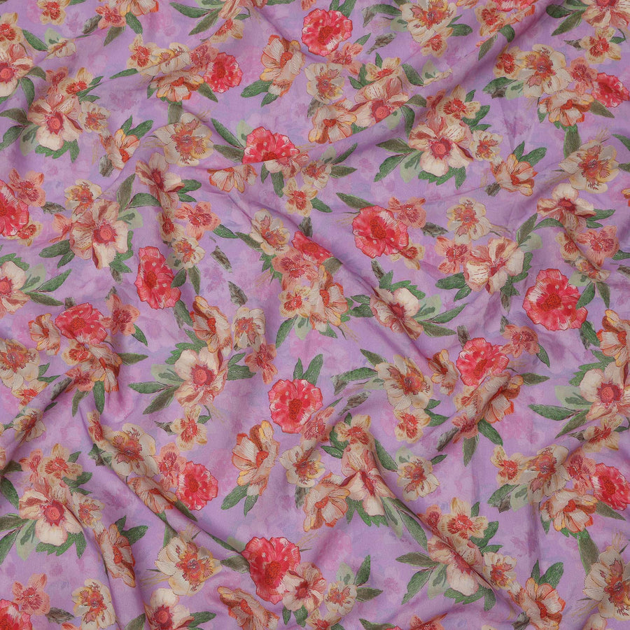 Lavender Base Red and Ivory Floral Printed Viscose Crepe Fabric, 110 Cms Width, Made in India-D23987