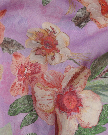 Lavender Base Red and Ivory Floral Printed Viscose Crepe Fabric, 110 Cms Width, Made in India-D23987