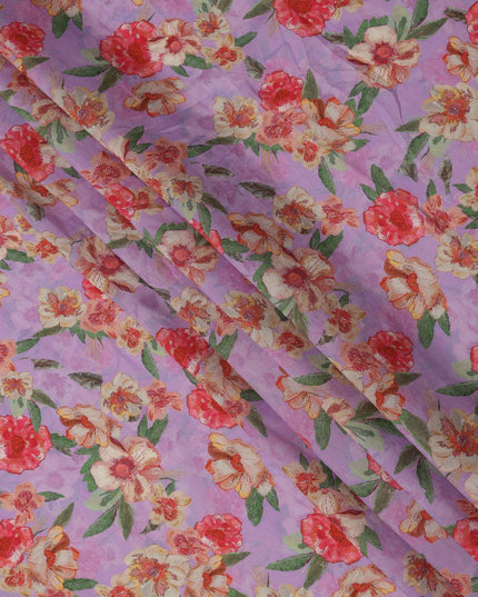 Lavender Base Red and Ivory Floral Printed Viscose Crepe Fabric, 110 Cms Width, Made in India-D23987