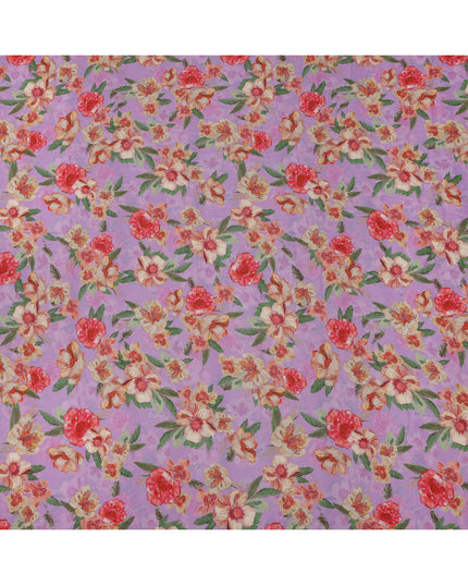 Lavender Base Red and Ivory Floral Printed Viscose Crepe Fabric, 110 Cms Width, Made in India-D23987