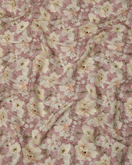 Dusty Rose Base Ivory Peach Floral Printed Viscose Crepe Fabric, 110 Cms Width, Made in India-D23988