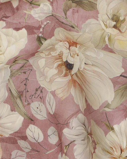 Dusty Rose Base Ivory Peach Floral Printed Viscose Crepe Fabric, 110 Cms Width, Made in India-D23988