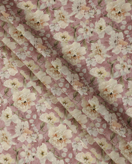 Dusty Rose Base Ivory Peach Floral Printed Viscose Crepe Fabric, 110 Cms Width, Made in India-D23988