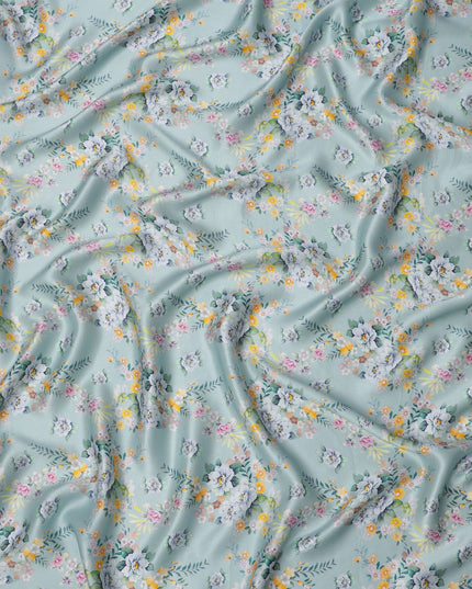 Powder Blue Base Multicolor Mini Floral Bunch Printed Pure Silk Satin Fabric, 110 Cms Width, Made in India-D23989