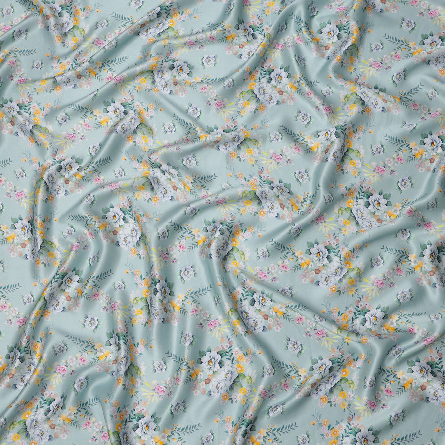 Powder Blue Base Multicolor Mini Floral Bunch Printed Pure Silk Satin Fabric, 110 Cms Width, Made in India-D23989