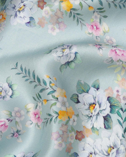 Powder Blue Base Multicolor Mini Floral Bunch Printed Pure Silk Satin Fabric, 110 Cms Width, Made in India-D23989