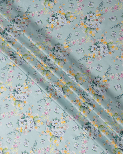 Powder Blue Base Multicolor Mini Floral Bunch Printed Pure Silk Satin Fabric, 110 Cms Width, Made in India-D23989