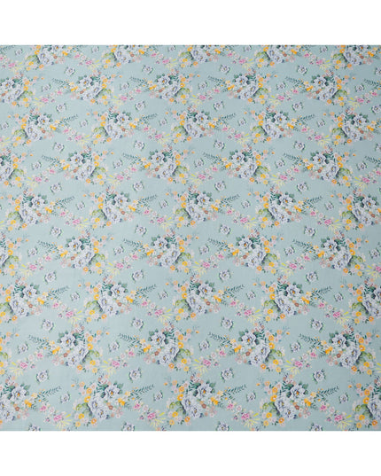 Powder Blue Base Multicolor Mini Floral Bunch Printed Pure Silk Satin Fabric, 110 Cms Width, Made in India-D23989
