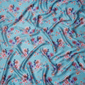 Sky Blue Base Multicolor Bold Floral Printed Pure Silk Satin Fabric, 110 Cms Width, Made in India-D23990
