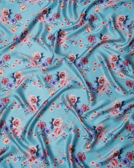 Sky Blue Base Multicolor Bold Floral Printed Pure Silk Satin Fabric, 110 Cms Width, Made in India-D23990