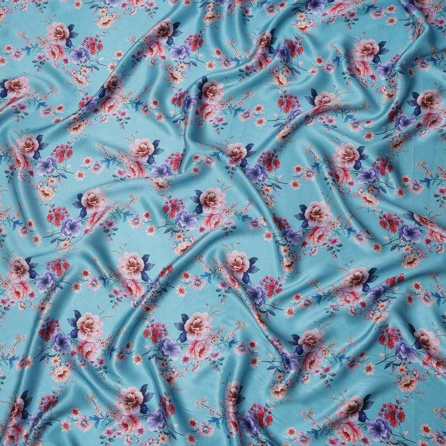 Sky Blue Base Multicolor Bold Floral Printed Pure Silk Satin Fabric, 110 Cms Width, Made in India-D23990