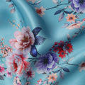 Sky Blue Base Multicolor Bold Floral Printed Pure Silk Satin Fabric, 110 Cms Width, Made in India-D23990