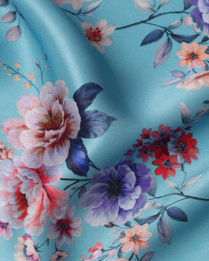 Sky Blue Base Multicolor Bold Floral Printed Pure Silk Satin Fabric, 110 Cms Width, Made in India-D23990