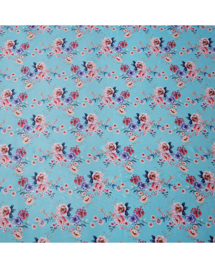 Sky Blue Base Multicolor Bold Floral Printed Pure Silk Satin Fabric, 110 Cms Width, Made in India-D23990