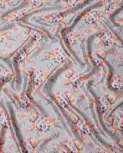 Ash Grey Base Multicolor Floral Bunch Printed Pure Silk Satin Fabric, 110 Cms Width, Made in India-D23991
