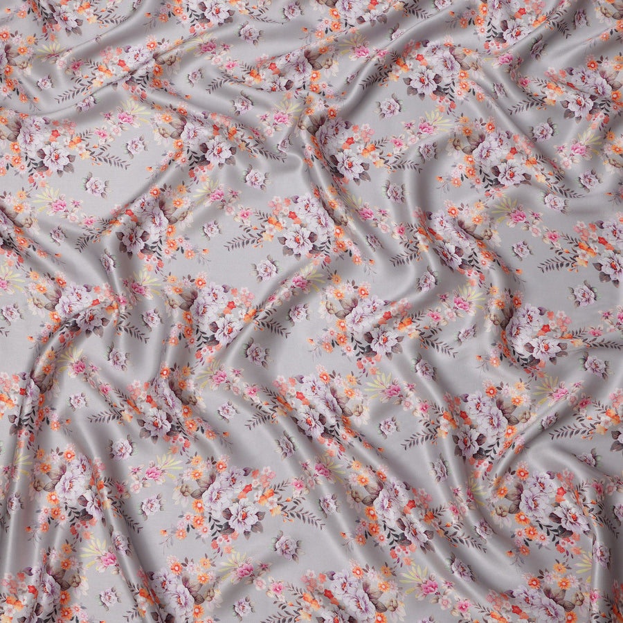 Ash Grey Base Multicolor Floral Bunch Printed Pure Silk Satin Fabric, 110 Cms Width, Made in India-D23991